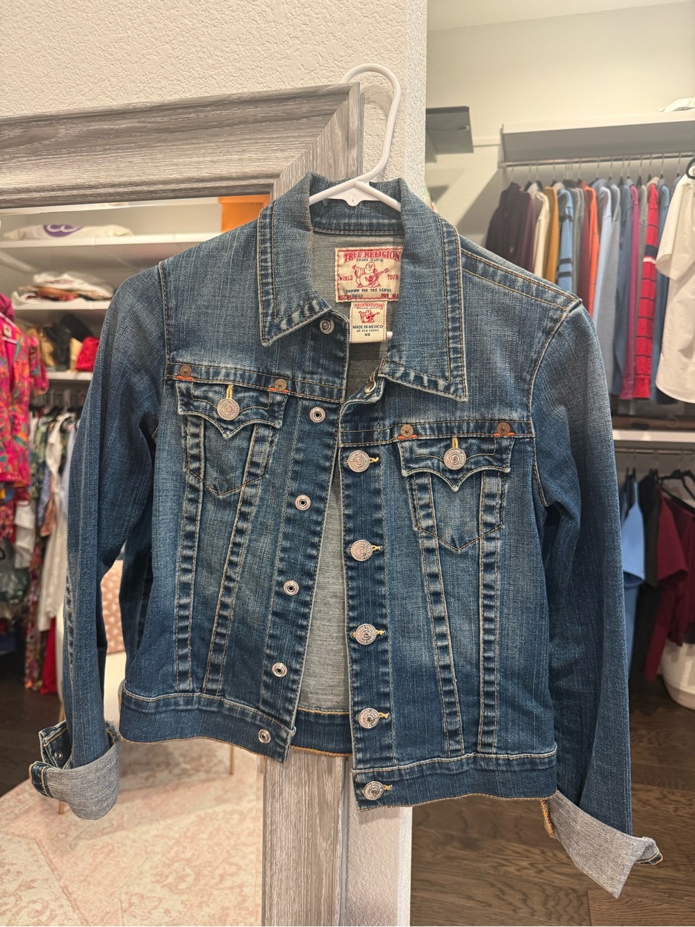 True Religion Womens Dark Blue Denim Jacket with Faded Wash